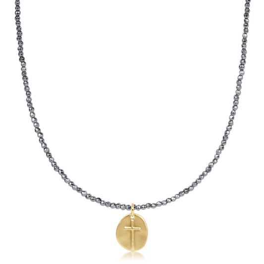 choker silver faceted hematite 2mm bead - inspire small gold charm