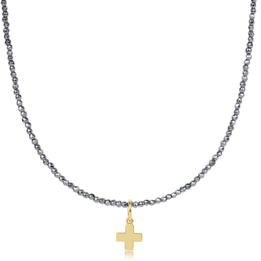 choker silver faceted hematite 2mm bead - signature cross gold charm